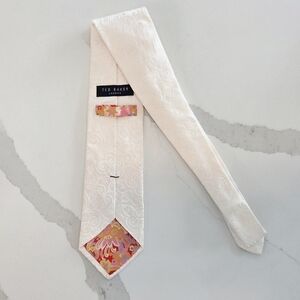 Ted Baker London Ivory Jacquard Silk Tie with Floral Lining and Scroll Pattern